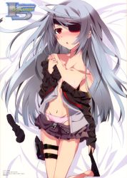 Rule 34 | 10s, 1girl, :o, absurdres, bare shoulders, black socks, blush, collarbone, eyepatch, feet, flat chest, full-face blush, grey hair, groin, highres, holster, huge filesize, infinite stratos, laura bodewig, unworn legwear, long hair, looking at viewer, navel, no shoes, official art, okiura, open clothes, open mouth, panties, pink panties, red eyes, scan, sock pull, socks, unworn socks, solo, thigh holster, underwear, undressing, unzipped, zipper