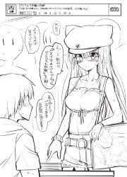 Rule 34 | 1boy, 1girl, bag, bare shoulders, belt, blush, camisole, commentary request, copyright request, desk, embarrassed, eye contact, glasses, greyscale, hat, highres, kantai collection, looking at another, monochrome, ohta yuichi, parted lips, prinz eugen (kancolle), shirt, short sleeves, shorts, shoulder bag, sketch, standing, sweat, translation request