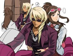 Rule 34 | ..., 1boy, 1girl, ace attorney, arms around waist, black shirt, brown hair, chain, chain necklace, coat, collared shirt, ema skye, from behind, half updo, jacket, jewelry, klavier gavin, lapels, light blush, long hair, long sleeves, motor vehicle, motorcycle, multiple views, musical note, neckerchief, necklace, open collar, outline, pink-tinted eyewear, pink shirt, pink wristband, profile, purple jacket, red neckerchief, rem (eyes 410), shirt, signature, simple background, sleeves rolled up, sparkle, spoken ellipsis, spoken musical note, suit jacket, sunglasses, tinted eyewear, white-framed eyewear, white background, white coat, white outline
