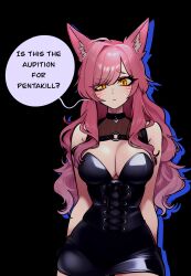 Rule 34 | 1girl, ahri (league of legends), alternate costume, animal ears, bare shoulders, black skirt, breasts, cleavage, cowboy shot, english text, facial mark, fox ears, highres, large breasts, league of legends, looking at viewer, o-ring, orange eyes, pink hair, redpostit, skirt, slit pupils, solo, speech bubble, whisker markings