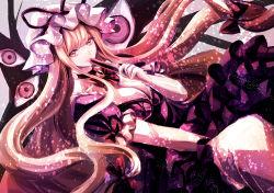 Rule 34 | 1girl, bare shoulders, between legs, blonde hair, blush, bow, breasts, brooch, choker, closed mouth, commentary request, corset, dress, eyelashes, feet out of frame, folding fan, gap (touhou), grey background, hair bow, hair ribbon, hand between legs, hand fan, hat, hat ribbon, holding, jan (lightdragoon), jewelry, large breasts, lips, long hair, looking at viewer, mob cap, purple dress, purple eyes, red bow, red eyes, red neckwear, red ribbon, ribbon, sidelocks, simple background, slit pupils, smile, solo, strapless, strapless dress, touhou, tress ribbon, very long hair, yakumo yukari