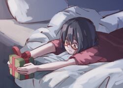 Rule 34 | 1girl, black hair, box, closed mouth, commentary, egakuning, english commentary, gift, gift box, glasses, highres, holding, holding gift, indoors, kamikoshi sorawo, lying, on bed, on stomach, pillow, red shirt, shirt, short hair, short sleeves, solo, urasekai picnic