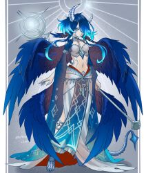 Rule 34 | 1girl, animal feet, asymmetrical horns, blue hair, blue wings, breasts, claws, closed mouth, digitigrade, feathered wings, fingernails, floating hair, full body, gradient hair, grey background, grey eyes, grey horns, hair over one eye, head wings, highres, holding, holding staff, horns, jewelry, long skirt, long sleeves, looking at viewer, monster girl, multicolored hair, multiple wings, neck ring, original, pelvic curtain, red pupils, sabuneko2645, sharp fingernails, short hair with long locks, shrug (clothing), skirt, small breasts, solo, staff, standing, sunburst, tail, twitter username, uneven horns, white nails, wide sleeves, wings