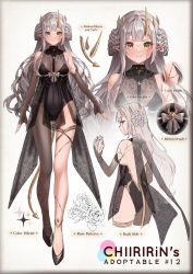 Rule 34 | 1girl, black bow, black dress, bow, breasts, chiiririn, commentary, demon girl, dress, english commentary, grey background, grey bow, grey hair, hair behind ear, heart, holding, holding heart, horns, long hair, medium breasts, original, pointy ears, single leg pantyhose, thigh strap, v-shaped eyebrows, yellow eyes