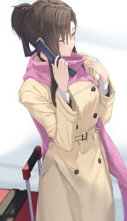 Rule 34 | 1girl, absurdres, belt buckle, blush, brown coat, brown hair, buckle, cellphone, closed mouth, coat, commentary request, flip phone, hands up, highres, holding, holding phone, kazaoka mari, long hair, long sleeves, pallad, phone, pink scarf, red eyes, scarf, simple background, solo, standing, suitcase, white album (series), white album 2, white background