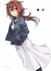 Rule 34 | brown eyes, brown hair, color guide, dress, hair flaps, hairband, hand in pocket, highres, jacket, kantai collection, leather, leather jacket, long hair, pantyhose, red hairband, shiratsuyu (kancolle), simple background, smile, sugue tettou, twitter username, white dress