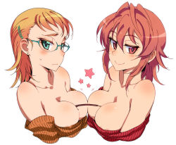 Rule 34 | 2girls, aqua eyes, areola slip, asymmetrical docking, bare arms, bare shoulders, between breasts, blush, body blush, breast press, breasts, cleavage, collarbone, earrings, female focus, food, glasses, hair between eyes, hair ornament, hairclip, highres, jewelry, kusanagi tonbo, large breasts, looking at viewer, multiple girls, neck, off shoulder, orange hair, original, pocky, red eyes, red hair, rimless eyewear, shiny skin, short hair, shy, simple background, smile, smirk, star (symbol), striped, sweatdrop, sweater, upper body, vertical stripes, wavy mouth, white background, yuri