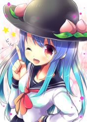 Rule 34 | 1girl, alternate costume, blue hair, food, food-themed clothes, fruit, gradient hair, hand up, hat, highres, hinanawi tenshi, long hair, looking at viewer, multicolored hair, neckerchief, one eye closed, open mouth, peach, pointing, red eyes, school uniform, serafuku, skirt, smile, solo, touhou, uniform, upper body, uta (kuroneko)