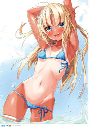 Rule 34 | 1girl, :d, ahoge, armpits, arms behind head, arms up, artist name, bare shoulders, bikini, blonde hair, blue bikini, blue eyes, blue ribbon, blue sky, blush, breasts, cloud, contrapposto, copyright request, cowboy shot, day, gluteal fold, hand on own arm, highres, long hair, looking at viewer, lowleg, lowleg bikini, micro bikini, navel, one-piece tan, open mouth, outdoors, page number, ribbon, scan, sky, small breasts, smile, solo, stomach, swimsuit, takanashi kei (hitsujikan), tan, tanline, teeth, thigh strap, upper teeth only, wading, water, water drop