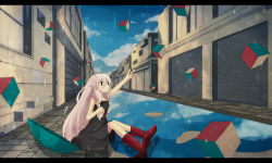 Rule 34 | 1girl, 456, bad id, bad pixiv id, black dress, boots, canal, cube, dress, ia (vocaloid), letterboxed, long hair, outstretched hand, pink hair, puddle, rain, reaching, reflection, rubber boots, sitting, solo, umbrella, vocaloid, water