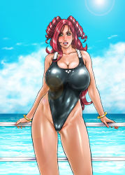 Rule 34 | 1girl, blush, bracelet, breasts, brown eyes, bursting breasts, cameltoe, cleavage, cloud, competition swimsuit, cowboy shot, curvy, day, drill hair, grin, heart, heroman, highleg, highleg swimsuit, huge breasts, impossible clothes, jewelry, kazuki kotobuki, large breasts, legs, lens flare, lipstick, long hair, long legs, looking at viewer, makeup, nail polish, ocean, one-piece swimsuit, outdoors, pink nails, railing, red hair, shiny clothes, sidelocks, sky, smile, solo, standing, sun, swimsuit, taut clothes, taut swimsuit, thighs, twin drills, twintails, two side up, vera collins, very long hair, water, wavy hair, yellow eyes