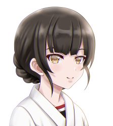 Rule 34 | 1girl, black hair, blunt bangs, blush, closed mouth, dougi, kantai collection, looking at viewer, portrait, short hair, simple background, smile, solo, tk8d32, white background, yawata maru (kancolle), yellow eyes