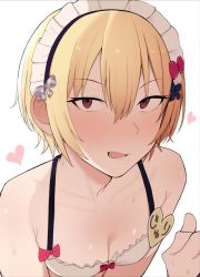 Rule 34 | 1girl, blonde hair, blush, bow, breasts, cleavage, collarbone, hair between eyes, hair bow, heart, idolmaster, idolmaster shiny colors, irogomi, red eyes, saijo juri, short hair, small breasts, solo, translated, white background