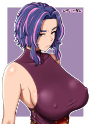 Rule 34 | 1girl, blue hair, boku no hero academia, breasts, character name, closed mouth, collarbone, commentary, covered erect nipples, disgust, forehead, from side, frown, highres, lady nagant, large breasts, looking at viewer, metal man10, multicolored hair, no bra, outline, parted bangs, pink hair, purple background, purple shirt, raised eyebrow, red eyes, shirt, short hair, sideboob, sidelocks, simple background, sleeveless, sleeveless shirt, solo, streaked hair, taut clothes, taut shirt, translated, turtleneck, two-tone hair, upper body