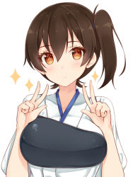 Rule 34 | + +, 10s, 1girl, brown hair, double v, japanese clothes, kaga (kancolle), kantai collection, muneate, short hair, shuuichi, side ponytail, simple background, solo, sparkling eyes, symbol-shaped pupils, v