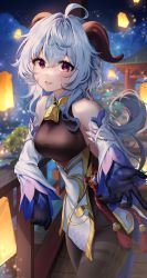 Rule 34 | 1girl, ahoge, architecture, bare shoulders, bell, black pantyhose, blue gloves, blue hair, blush, breasts, chinese knot, cowboy shot, daji, detached sleeves, east asian architecture, flower knot, ganyu (genshin impact), genshin impact, gloves, gold trim, highres, horns, lantern, light smile, long hair, looking at viewer, medium breasts, neck bell, night, outdoors, pantyhose, paper lantern, purple eyes, sidelocks, solo, standing, tassel, thighlet, vision (genshin impact), white sleeves