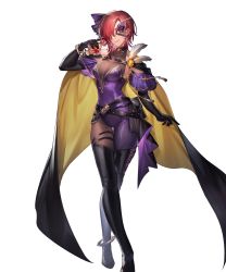 Rule 34 | 1girl, artist request, belt, black gloves, black legwear, boots, bottle, breasts, cape, elbow gloves, female focus, fire emblem, fire emblem: the blazing blade, fire emblem heroes, full body, gloves, gold trim, hair ornament, highres, holding, holding bottle, leila (fire emblem), mask, matching hair/eyes, medium breasts, mole, mole under mouth, multiple belts, nintendo, non-web source, official art, perfume bottle, red eyes, red hair, skin tight, solo, standing, thigh boots, transparent background