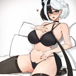 Rule 34 | 1girl, animal ears, black bra, black choker, black hair, black nails, blush, bra, braid, breasts, choker, ear piercing, extra ears, female pubic hair, glasses, hair between eyes, hand on own chest, heart, highres, large breasts, leash, looking at viewer, melisa (varniskarnis), mole, mole under eye, multicolored hair, navel, no shoes, on bed, open mouth, original, piercing, pillow, pubic hair, pubic hair peek, short hair, sitting, solo, stomach, thighhighs, two-tone hair, underwear, varniskarnis, viewer holding leash, white background, white hair