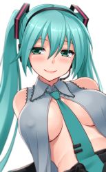 Rule 34 | 00s, 1girl, alternate breast size, aqua necktie, bare shoulders, between breasts, blush, breasts, breasts apart, closed mouth, collarbone, collared shirt, covered erect nipples, eyebrows, green eyes, green hair, grey shirt, hair between eyes, half-closed eyes, hatsune miku, headset, hormone koijirou, large breasts, long hair, looking at viewer, microphone, necktie, necktie between breasts, no bra, pink lips, shiny skin, shirt, sidelocks, sleeveless, sleeveless shirt, smile, solo, twintails, underboob, upper body, very long hair, vocaloid, white background, wing collar