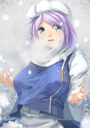 Rule 34 | 1girl, aqua eyes, breasts, female focus, hat, highres, juliet sleeves, kanzen bouon, large breasts, letty whiterock, long sleeves, looking at viewer, open mouth, puffy sleeves, purple hair, scarf, shirt, solo, touhou, triangular headpiece, upper body, vest