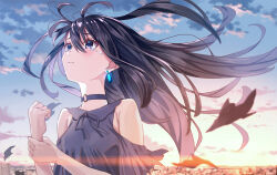 Rule 34 | 1girl, bare shoulders, black choker, black hair, blue eyes, blue sky, blush, choker, clothing cutout, crying, dangle earrings, earrings, floating hair, hand up, highres, holding own wrist, jewelry, koh rd, looking up, o-ring, o-ring choker, original, shoulder cutout, sky, solo, sunset, upper body