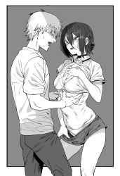 Rule 34 | 1boy, 1girl, absurdres, black choker, chainsaw man, choker, clothes lift, clothes pull, denji (chainsaw man), greyscale, hair between eyes, highres, monochrome, panties, pants, reze (chainsaw man), sharp teeth, shirt, shirt lift, short hair, shorts, shorts pull, simple background, smile, teeth, underwear, urec, white panties, white shirt