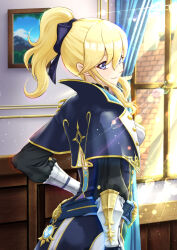 Rule 34 | 1girl, arm guards, blonde hair, blue eyes, capelet, chiga akira, genshin impact, hair between eyes, indoors, jean (genshin impact), light rays, looking at viewer, looking back, medal, picture frame, ponytail, sidelocks, smile, solo, sunbeam, sunlight, uniform, window