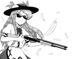 Rule 34 | 1girl, bow, bowtie, center frills, closed mouth, commentary, english commentary, feathers, food, frills, fruit, giantcavemushroom, greyscale, gun, hat, highres, hinanawi tenshi, holding, holding weapon, leaf, long hair, monochrome, peach, puffy short sleeves, puffy sleeves, short sleeves, shotgun, simple background, solo, standing, sunglasses, touhou, v-shaped eyebrows, weapon
