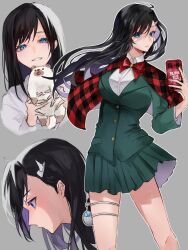 Rule 34 | 1girl, animal, black hair, blue eyes, bow, breasts, burn the witch, cape, cellphone, commentary, copyright name, cowboy shot, dress shirt, eyelashes, floating hair, frown, green jacket, green skirt, grey background, hair ornament, hairclip, highres, holding, holding animal, holding phone, jacket, large breasts, long hair, long sleeves, looking at animal, looking at viewer, miniskirt, niihashi noel, parted lips, phone, plaid cape, pleated skirt, profile, red bow, red cape, shirt, simple background, skirt, smartphone, smile, solo, standing, straight hair, swept bangs, symbol-only commentary, thigh strap, tsurime, ui 1231, white shirt