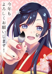 Rule 34 | 1girl, ashiro (ashiro ym), black hair, calligraphy brush, commentary, drawing on another&#039;s face, floral print, flower, grey eyes, hair flower, hair ornament, highres, japanese clothes, kimono, long hair, looking at viewer, love live!, love live! nijigasaki high school idol club, new year, one side up, paintbrush, pov, red kimono, red nails, sidelocks, smile, solo, translated, upper body, yuki setsuna (love live!)