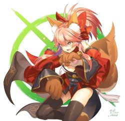 Rule 34 | &gt;:d, 1girl, :d, animal ears, animal hands, artist name, bad id, bad twitter id, black thighhighs, bow, detached sleeves, fang, fate/grand order, fate (series), fox ears, fox girl, fox tail, hair between eyes, hair bow, japanese clothes, kimono, kimono skirt, koyoi mitsuki, large bow, open mouth, pink hair, ponytail, red bow, signature, simple background, smile, solo, sparkle, tail, tamamo (fate), tamamo cat (fate), tamamo cat (first ascension) (fate), tamamo no mae (fate/extra), teeth, thick eyebrows, thighhighs, v-shaped eyebrows, white background, yellow eyes