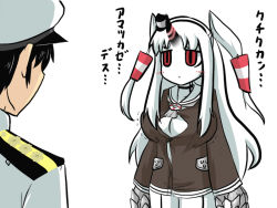 Rule 34 | 1boy, 1girl, abyssal ship, admiral (kancolle), amatsukaze (kancolle), amatsukaze (kancolle) (cosplay), black hair, breasts, bursting breasts, cosplay, dress, goma (gomasamune), hat, horns, innertube, kantai collection, large breasts, long hair, military, military uniform, naval uniform, pale skin, red eyes, sailor dress, seaport princess, short dress, simple background, single horn, swim ring, thighhighs, translation request, twintails, two side up, undersized clothes, uniform, white background, white hair, zettai ryouiki