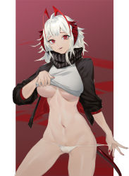 Rule 34 | 1girl, absurdres, ahoge, antenna hair, arknights, black jacket, black scarf, breasts, cameltoe, chinese commentary, clothes lift, cowboy shot, demon horns, female pubic hair, highres, horns, jacket, large breasts, lifted by self, looking at viewer, maxp yuanhang, medium breasts, medium hair, multicolored hair, nail polish, navel, no bra, no pants, open clothes, open jacket, open mouth, panties, pubic hair, pubic hair peek, red background, red eyes, red hair, red nails, scar, scar on arm, scarf, shirt lift, silver hair, simple background, solo, stomach, strap pull, streaked hair, thong, two-tone hair, underboob, underwear, w (arknights), white panties