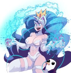 Rule 34 | 1girl, adventure time, animal ears, animal hands, bare shoulders, bird, blue eyes, blue hair, breasts, cat ears, cat tail, crossover, crown, cupperexe, felicia (vampire), gunter (adventure time), highres, ice, large breasts, long hair, penguin, sharp teeth, tail, teeth, vampire (game), very long hair, white fur