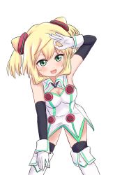 Rule 34 | 1girl, blonde hair, blush, boots, gloves, green eyes, hacka doll, hacka doll 1, highres, long hair, looking at viewer, moribato (woodpigeon mor), open mouth, solo, white background