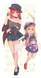 Rule 34 | 2girls, absurdres, american flag skirt, belt, black belt, black footwear, black headwear, black shirt, blonde hair, blue shorts, blush, closed mouth, clothes writing, clownpiece, fairy, fairy wings, frilled skirt, frills, hair between eyes, hat, hecatia lapislazuli, highres, holding, holding phone, junko (touhou), long hair, multiple girls, open mouth, phone, r utchi, red eyes, red footwear, red hair, shirt, shoes, short hair, short sleeves, shorts, skirt, smile, star (symbol), star print, striped clothes, striped skirt, touhou, wings