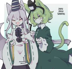 Rule 34 | 2girls, cat tail, closed eyes, cosmicmind, dress, fang, green dress, green eyes, green hair, hat, kemonomimi mode, mononobe no futo, multiple girls, one-hour drawing challenge, open mouth, pom pom (clothes), ribbon-trimmed sleeves, ribbon trim, short hair, simple background, skin fang, skirt, soga no tojiko, tail, tate eboshi, touhou, wide sleeves