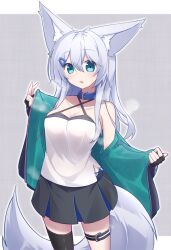 Rule 34 | 1girl, animal ear fluff, animal ears, black gloves, black jacket, black skirt, black thighhighs, blue eyes, blush, camisole, criss-cross halter, fingerless gloves, fox ears, fox girl, fox tail, gloves, grey background, grey hair, hair between eyes, halterneck, jacket, long hair, long sleeves, looking at viewer, off shoulder, open clothes, open jacket, original, pleated skirt, puffy long sleeves, puffy sleeves, shirogane kasane, single thighhigh, skirt, solo, standing, surume aburi, tail, thighhighs, two-tone background, white background, white camisole