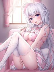 Rule 34 | 1girl, ass, bare shoulders, between legs, bikini, bikini top only, breasts, candy, choker, cleavage, food, frilled choker, frilled skirt, frills, hair ribbon, hand between legs, hat, high heels, holding, indie virtual youtuber, knees up, lollipop, long hair, looking at viewer, medium breasts, naito mare (vtuber), oyuwari, panties, pink bikini, pink hat, pink skirt, purple eyes, ribbon, second-party source, sitting, skirt, smile, solo, swimsuit, thighhighs, thighs, tongue, tongue out, underwear, very long hair, virtual youtuber, white footwear, white hair, white panties, white thighhighs