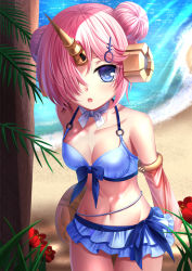 Rule 34 | 1girl, blue eyes, blush, breasts, cleavage, collarbone, double bun, fate/apocrypha, fate/grand order, fate (series), frankenstein&#039;s monster (fate), frankenstein&#039;s monster (swimsuit saber) (fate), frankenstein&#039;s monster (swimsuit saber) (second ascension) (fate), hair bun, hair ornament, horns, looking at viewer, medium breasts, navel, parted lips, pink hair, short hair, single horn, solo, standing, toshi (1-147)