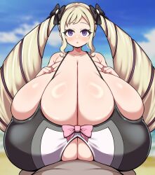 Rule 34 | 1boy, 1girl, bare shoulders, beach, black one-piece swimsuit, blonde hair, breasts, bursting breasts, cleavage, cloud, day, deep skin, detritus, drill hair, elise (fire emblem), eyelashes, fire emblem, gigantic breasts, nintendo, ocean, one-piece swimsuit, open mouth, outdoors, paizuri, purple eyes, sand, shiny skin, skindentation, sky, swimsuit, twintails