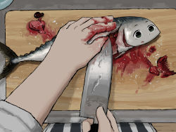 Rule 34 | 1girl, absurdres, animal request, blood, blood on hands, character request, copyright request, cutting board, fish, green eyes, gutting, highres, holding, holding knife, knife, mackerel (fish), mo ma shima, organs, reflection, short hair, tagme, water drop