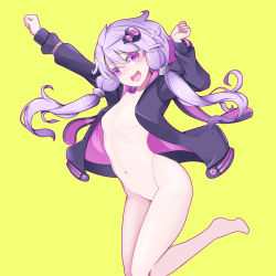 Rule 34 | 1girl, absurdres, blush, bottomless, breasts, coat, commentary request, hair ornament, highres, jacket, long hair, long sleeves, looking at viewer, naked coat, pon (shind 997), purple eyes, purple hair, purple jacket, short hair with long locks, simple background, small breasts, smile, solo, twintails, vocaloid, voiceroid, yellow background, yuzuki yukari