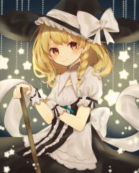 Rule 34 | 1girl, apron, back bow, blonde hair, blush, bow, braid, closed mouth, commentary, cowboy shot, curiosities of lotus asia, frills, hat, highres, holding, jpeg artifacts, kirisame marisa, lace-trimmed collar, lace trim, light particles, long hair, looking at viewer, orange eyes, puffy short sleeves, puffy sleeves, ribbon-trimmed clothes, ribbon trim, short sleeves, side braid, smile, solo, star (symbol), symbol-only commentary, touhou, waist apron, white bow, witch hat, wrist cuffs, yedan999