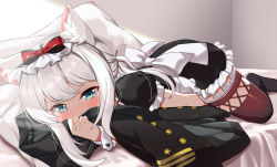 Rule 34 | 1girl, animal ear fluff, animal ears, aqua eyes, azur lane, bed, between legs, black jacket, black skirt, blush, bow, cat ears, commentary request, frilled skirt, frilled sleeves, frills, hair bow, hammann (azur lane), hand between legs, implied masturbation, indoors, jacket, unworn jacket, lying, maid, on bed, on stomach, pillow, red bow, short sleeves, sidelocks, skirt, solo, tearing up, user vaut5744, white hair, wrist cuffs