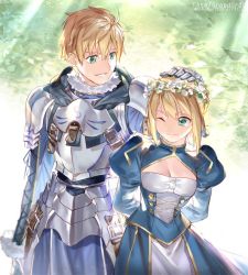 Rule 34 | 1boy, 1girl, :d, ;), ahoge, armor, arms behind back, arthur pendragon (fate), artoria pendragon (all), artoria pendragon (fate), bad id, bad twitter id, blonde hair, blue dress, braid, breasts, canvas, cleavage, cleavage cutout, clothing cutout, copyright name, couple, dated, dress, dual persona, emmmerald, fate/grand order, fate/prototype, fate/stay night, fate (series), flower, formal, french braid, green eyes, hair flower, hair ornament, hair ribbon, hand on another&#039;s head, head wreath, headpat, hetero, long hair, long sleeves, looking at another, looking back, medium breasts, one eye closed, open mouth, parted lips, puffy long sleeves, puffy sleeves, ribbon, saber (fate), short hair, sidelocks, smile, standing, type-moon, wince, wink