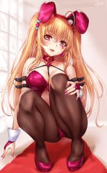 Rule 34 | 1girl, animal ears, arm belt, artist name, between breasts, blonde hair, breasts, bridal gauntlets, brown pantyhose, cleavage, commentary request, facial mark, fake animal ears, hair between eyes, head tilt, heart, highres, indoors, large breasts, long hair, looking at viewer, mole, mole on breast, nail polish, original, pantyhose, parted lips, pink nails, rabbit ears, red eyes, sakiyamama, signature, smile, solo, squatting, thighs, two side up, wrist cuffs