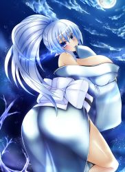 Rule 34 | 1girl, absurdres, ashling (no-plan), bare shoulders, blue eyes, blue hair, blush, breasts, elf, female focus, highres, huge breasts, japanese clothes, kimono, long hair, moon, night, pointy ears, ponytail, shiny skin, smile, thighs