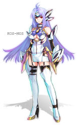Rule 34 | 00s, 1girl, ahoge, android, bare shoulders, black gloves, black thighhighs, blue hair, boots, breasts, cleavage, cleavage cutout, clothing cutout, elbow gloves, female focus, garter straps, gloves, headgear, highres, kos-mos, large breasts, long hair, looking at viewer, red eyes, solo, tetsu (kimuchi), thigh boots, thighhighs, very long hair, white footwear, white thighhighs, xenosaga