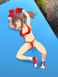 Rule 34 | 1girl, beaten, bikini, boxing, boxing gloves, breasts, brown hair, cleavage, defeat, closed eyes, full body, large breasts, long hair, lying, navel, on back, open mouth, original, ponytail, shamanwer, solo, swimsuit, thong, unconscious, underwear, white background